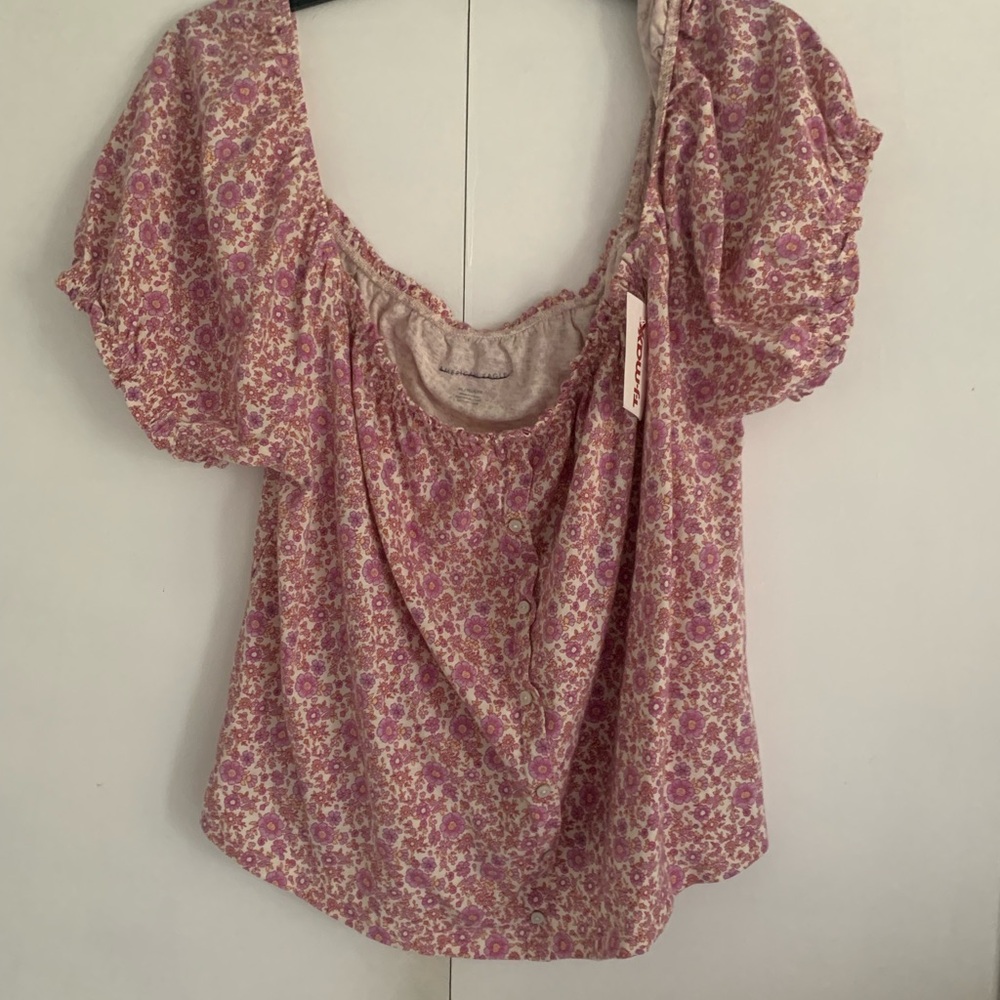 American Eagle Outfitters Pink Floral Puff-Sleeve Blouse